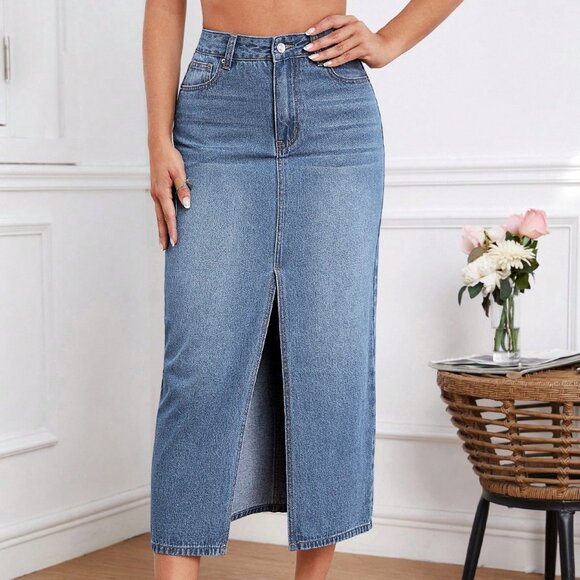 Denim Maxi Skirts, High Waist Split Thigh Denim Skirt, Boho Maxi Long Skirt - Picture 2 of 7